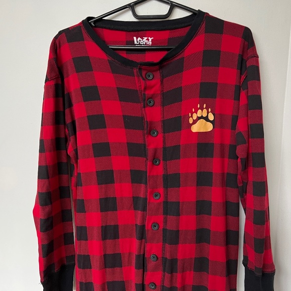 Lazy One Bear Cheeks Long Johns Pajamas One Piece Sz M 100% Cotton Buffalo Check - Picture 2 of 5